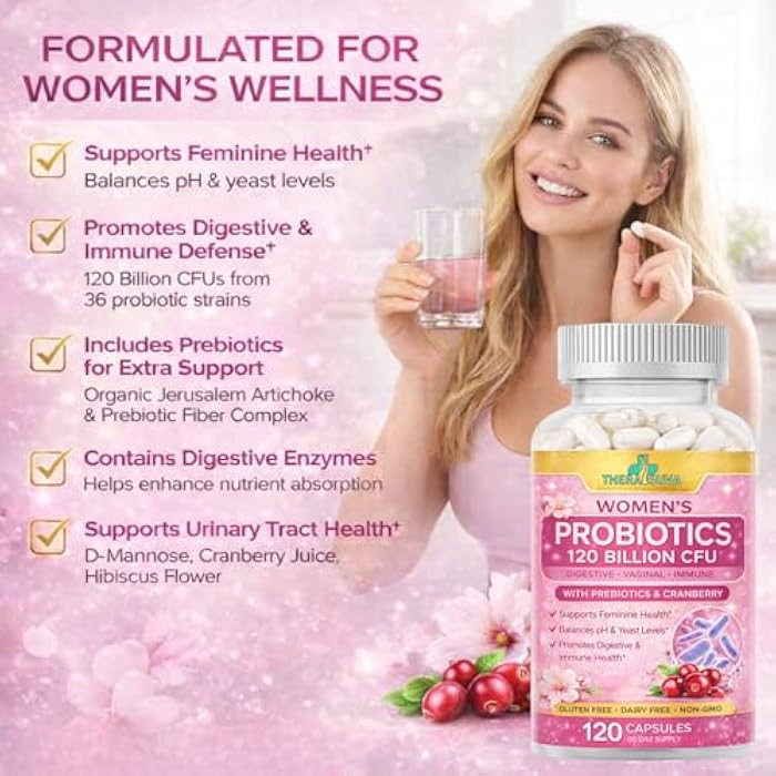 TheraSuva Women’s Advanced Probiotics 120 Billion CFU (36 Strains) with Prebiotics, Enzymes & Cranberry - for Gut, Immune & Feminine Health Support - 2 Month Supply, 120 Softgels - Image 2