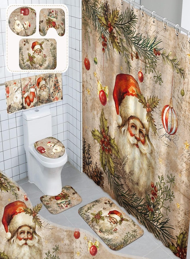 FuWeave 8 Pcs Christmas Shower Curtain Set Xmas Santa Bathroom Decoration Christmas Tree Hand Towels Snowman Toilet Lid Cover Bathroom Rugs Xmas Shower Curtain with Hooks(Santa Claus Style) - Image 1