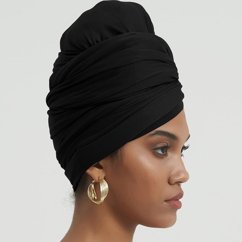 corciova Black Long Soft Head Wrap Turban Headband for Black Women Two Way Stretch Fashion African Head Covering Jersey Hijab Scarf - Image 2