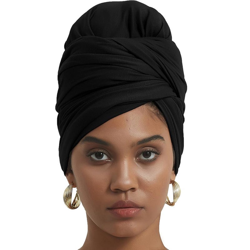 corciova Black Long Soft Head Wrap Turban Headband for Black Women Two Way Stretch Fashion African Head Covering Jersey Hijab Scarf - Image 1
