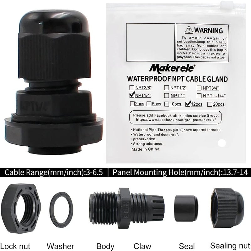 MAKERELE Plastic Strain Relief Cord Connector Adjustable 3-6.5mm Cable Gland(1/4 NPT, 12pcs) - Image 4