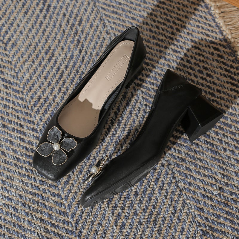 High Heels French Style Vintage Bow Square Toe Shallow Top Set Feet Comfortable Soft Leather Womens Thick Heel Thick Heel All-match Single-layer Shoes for Women Black