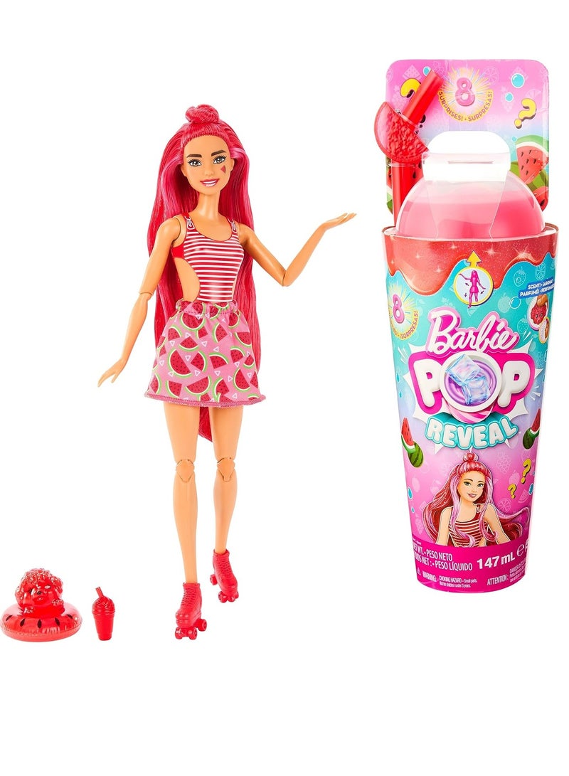 Barbie Pop Reveal Fruit Series Watermelon Crush Doll, 8 Surprises Include Pet, Slime, Scent & Color Change - Image 1
