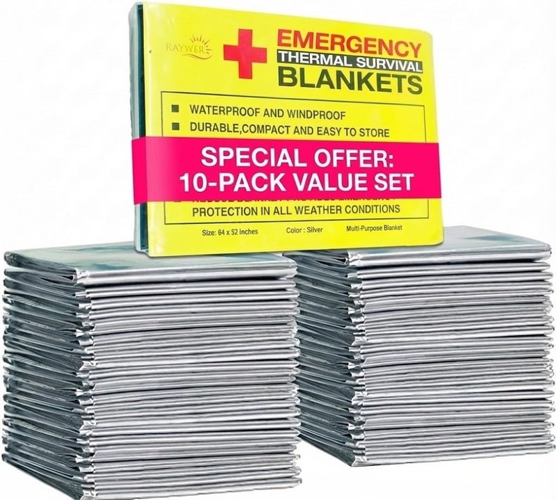 RAYWER Rawyer (10 Pack) Emergency Thermal Survival Blankets, Mylar Blankets for Outdoor, Camping, Hiking, Survival in Harsh Weather, Large Silver Thermal Sheets, Heavy Duty Survival Gear (10, 84x52) - Image 1