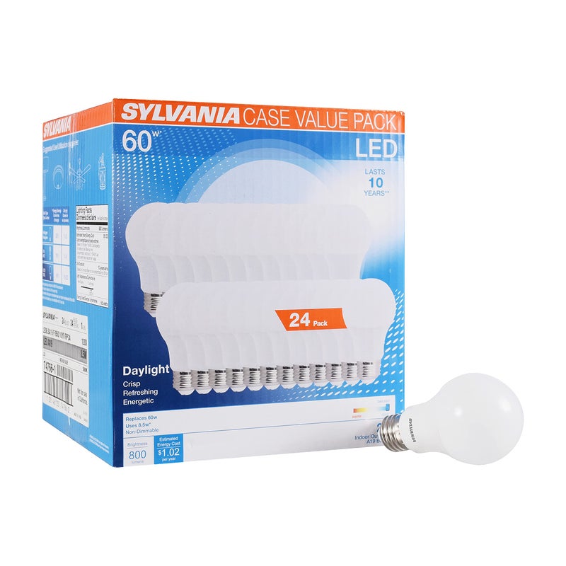 LEDVANCE Sylvania LED A19 Light Bulb, 60W Equivalent, Efficient 8.5, 10 Year, W, 5000K, 800 Lumens, Frosted, Daylight (74766) (Pack of 1, 24 Count Total) - Image 1