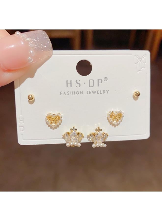 S925 Silver Needle Micro Inlaid Zircon Short Earrings Short Hair Earrings And Korean Elegant All-match Simple Three-piece Set Earrings For Women 