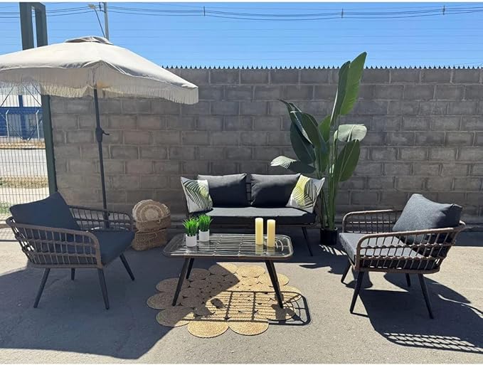 Harmony Home طقم أثاث خارجي من 4 قطع من هارموني هوم مع طاولة زجاجية – طقم قهوة حديث من الروطان مع وسائد – أريكة مصنوعة من الروطان مقاومة للعوامل الجوية للحديقة، الشرفة، التراس والفناء الخلفي - Image 2