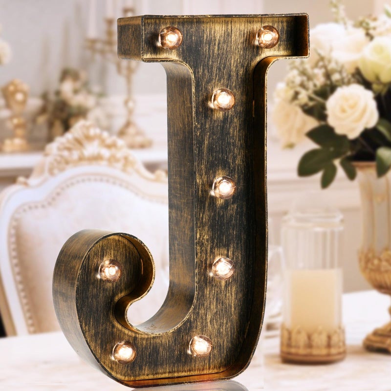 OYCBUZO Golden Black Led Marquee Letter Industrial Vintage Style Light Up Alphabet Letter Sign for Cafe Wedding Birthday Party Christmas Lamp Home Bar Initials Decor J