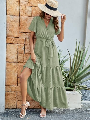 MASCOMODA Women Boho Swiss Dot Maxi Dresses Wrap V Neck Flutter Short Sleeve Solid Tie Waist A Line Tiered Flowy Long Dress(Light Green,Small) - Image 2