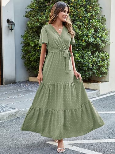 MASCOMODA Women Boho Swiss Dot Maxi Dresses Wrap V Neck Flutter Short Sleeve Solid Tie Waist A Line Tiered Flowy Long Dress(Light Green,Small) - Image 4