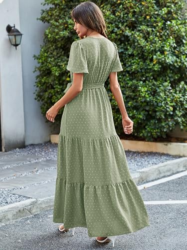 MASCOMODA Women Boho Swiss Dot Maxi Dresses Wrap V Neck Flutter Short Sleeve Solid Tie Waist A Line Tiered Flowy Long Dress(Light Green,Small) - Image 5