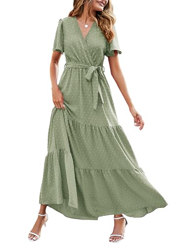 MASCOMODA Women Boho Swiss Dot Maxi Dresses Wrap V Neck Flutter Short Sleeve Solid Tie Waist A Line Tiered Flowy Long Dress(Light Green,Small) - Image 1
