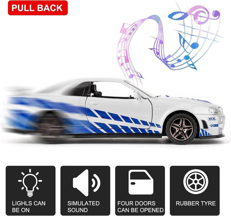 FEXXA 1:32 Scale Nissan Skyline GTR R34 Die-Cast Metal Car with Sport car Openable Doors Light and Sound,Pull Back Function Indoor Outdoor Toy for Kids (Silver) - Image 4