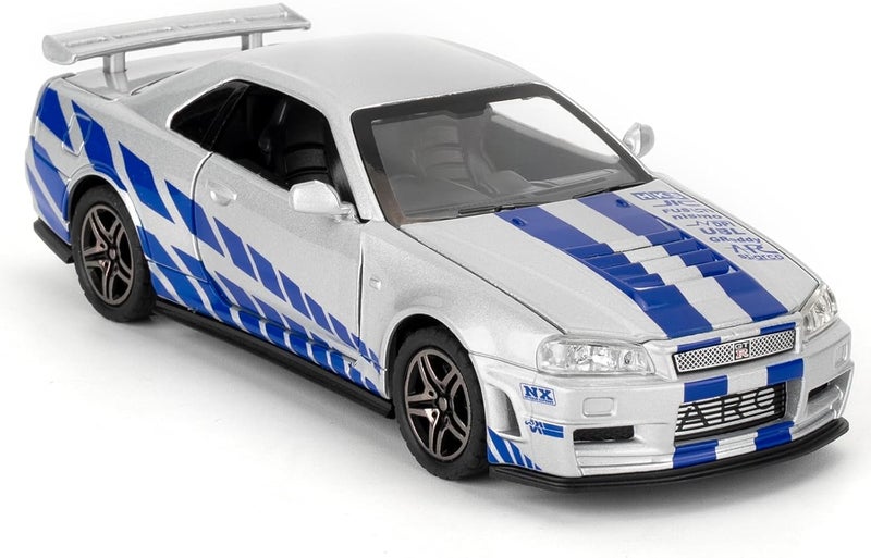 FEXXA 1:32 Scale Nissan Skyline GTR R34 Die-Cast Metal Car with Sport car Openable Doors Light and Sound,Pull Back Function Indoor Outdoor Toy for Kids (Silver) - Image 1