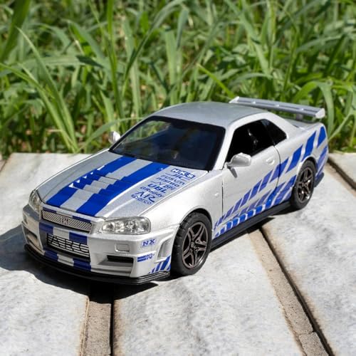 FEXXA 1:32 Scale Nissan Skyline GTR R34 Die-Cast Metal Car with Sport car Openable Doors Light and Sound,Pull Back Function Indoor Outdoor Toy for Kids (Silver) - Image 2