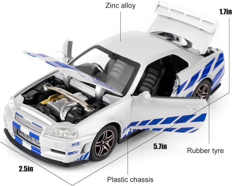 FEXXA 1:32 Scale Nissan Skyline GTR R34 Die-Cast Metal Car with Sport car Openable Doors Light and Sound,Pull Back Function Indoor Outdoor Toy for Kids (Silver) - Image 5