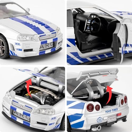 FEXXA 1:32 Scale Nissan Skyline GTR R34 Die-Cast Metal Car with Sport car Openable Doors Light and Sound,Pull Back Function Indoor Outdoor Toy for Kids (Silver) - Image 3