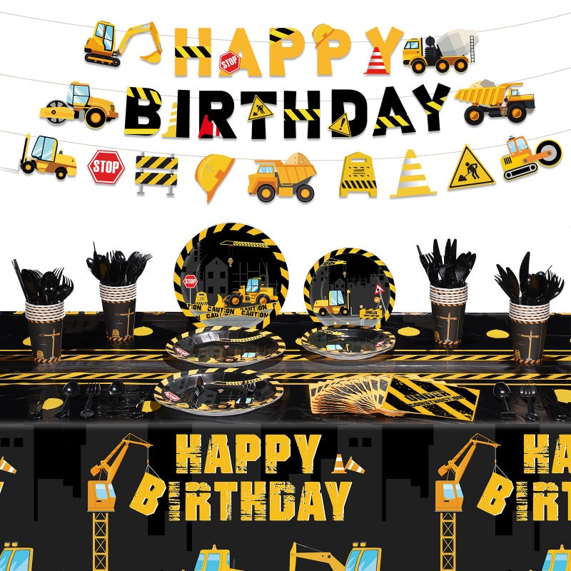Tiamon 173 Pcs Construction Birthday Party Supplies Serves 24 Include Construction Tablecloth Dump Truck Banners Plates Napkins Tableware Set for 2nd Theme Birthday Party Decoration - Image 2