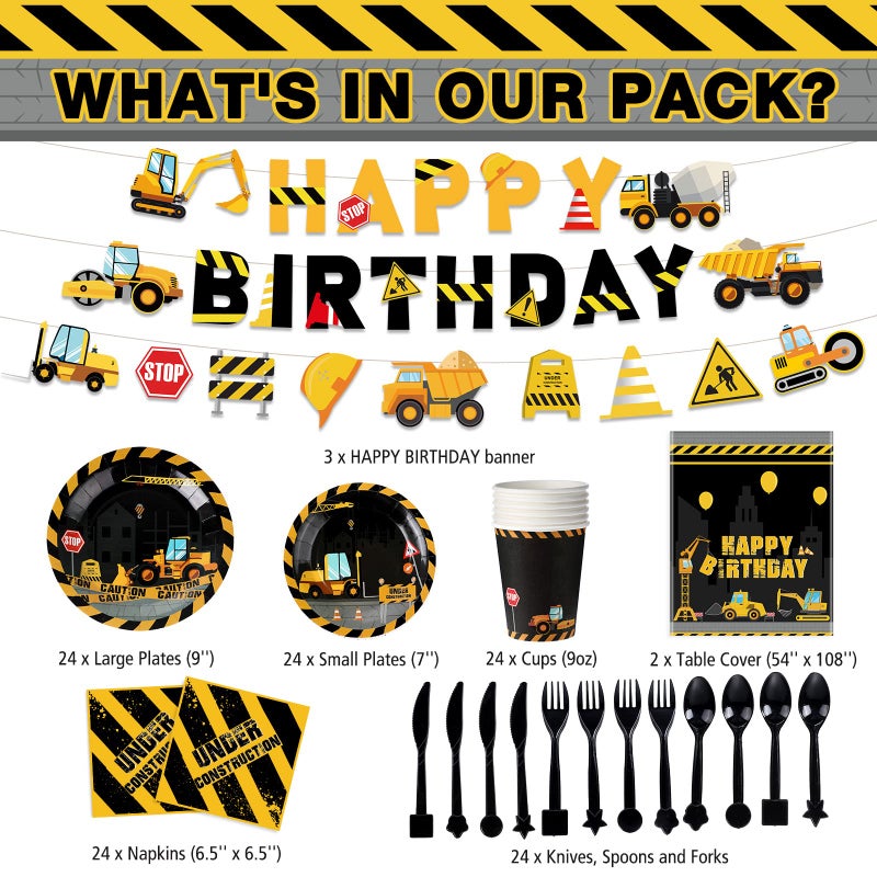 Tiamon 173 Pcs Construction Birthday Party Supplies Serves 24 Include Construction Tablecloth Dump Truck Banners Plates Napkins Tableware Set for 2nd Theme Birthday Party Decoration - Image 3