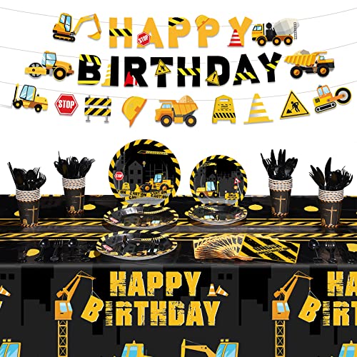 Tiamon 173 Pcs Construction Birthday Party Supplies Serves 24 Include Construction Tablecloth Dump Truck Banners Plates Napkins Tableware Set for 2nd Theme Birthday Party Decoration - Image 1