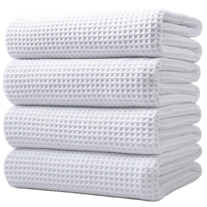POLYTE Microfiber Oversize Quick Dry Lint Free Bath Towel, 60 x 30 in, 4 Pack (White, Waffle Weave) - Image 1