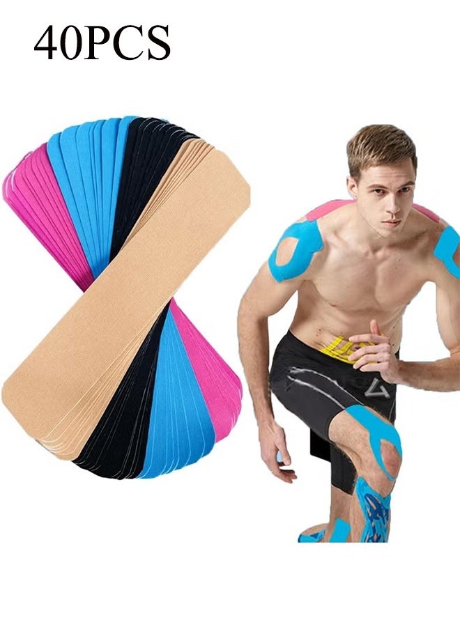 YJ 40 Pcs Precut Kinesiology Tape Strips, 4 Colors 2 inch x 10 inch Cotton Athletic Tape, Kinetic Tape, Elastic Muscle Tape, Sports Tape, Knee Tape for Exercise and Daily Use - Image 1