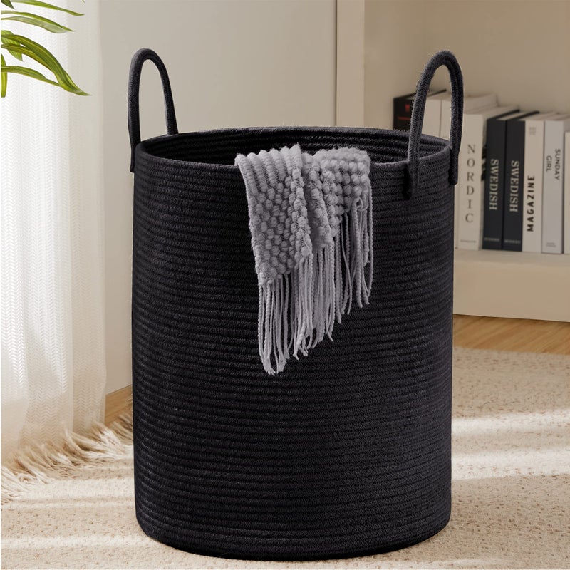YOUDENOVA Woven Rope Laundry Hamper Basket, 58L Tall Laundry Basket, Baby Nursery Hamper for Blanket Storage in Bedroom-Large- Black - Image 1