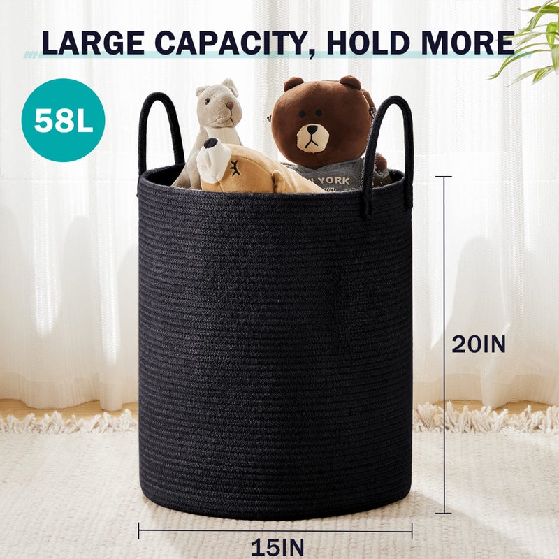 YOUDENOVA Woven Rope Laundry Hamper Basket, 58L Tall Laundry Basket, Baby Nursery Hamper for Blanket Storage in Bedroom-Large- Black - Image 3