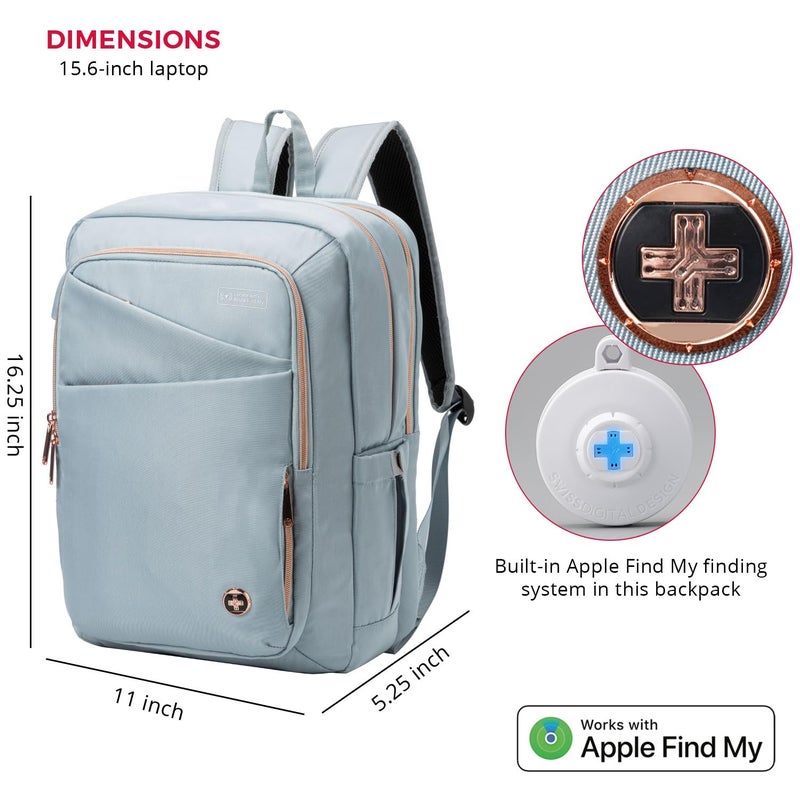 Swissdigital Design Laptop Backpack for Women with Apple Find My,Travel Bookbags with USB Charging Portï¼ŒComputer Backpacks for Work Business,Teal Blue | SD1006FB-14 - Image 2