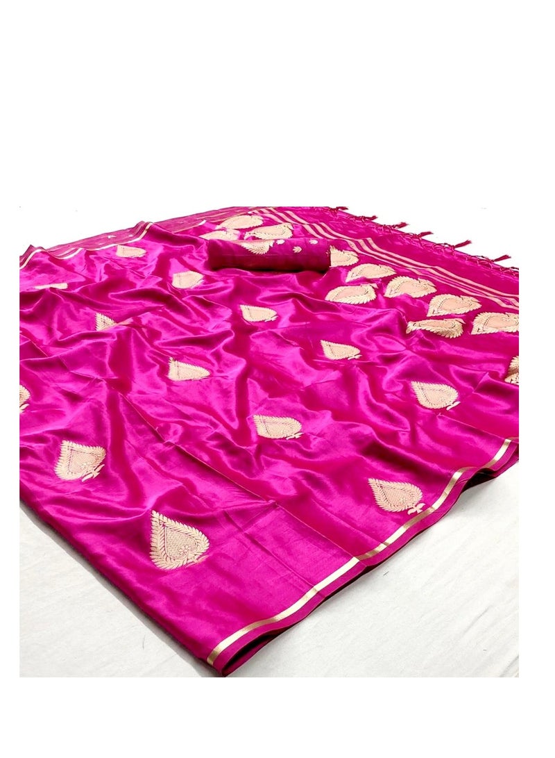 Grab Mantra Pink Satin silk golden leaf embossed saree with unstitched blouse - Image 1