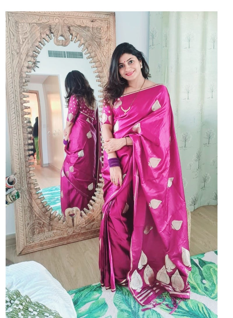 Grab Mantra Pink Satin silk golden leaf embossed saree with unstitched blouse - Image 3