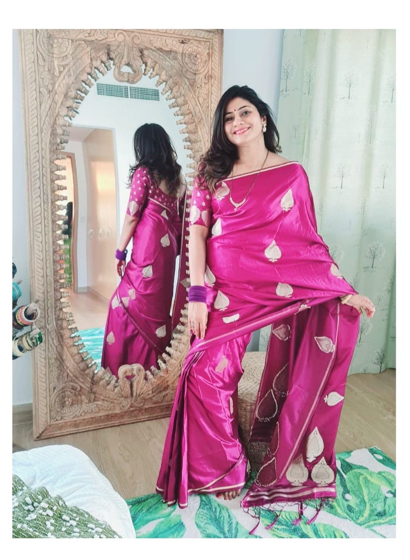 Grab Mantra Pink Satin silk golden leaf embossed saree with unstitched blouse - Image 2