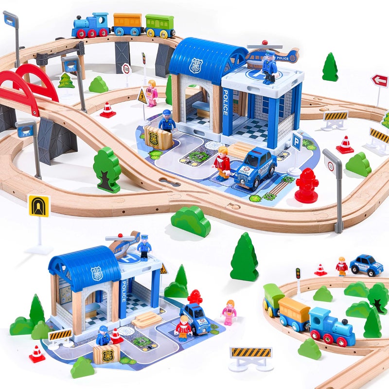Vigorfun 102Pcs Wooden Train Set for Toddlers, Wooden Train Track - Expandable and Changeable, Safe Educational Train Toys Gift for Boys & Girls Kids Ages 3-5 4-8, Compatible with All Major Brands - Image 1