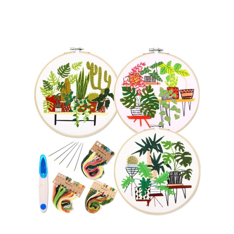 SOLARAE Embroidery Starter Kit with Pattern and Instructions, 3 Sets Cross Stitch Kit Include Embroidery Clothes with Plants Flowers Pattern, 1 Embroidery Hoops, Color Threads and Tools, Deco - Image 1