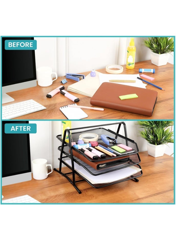 Mesh Desk Organizer 3 Tier Letter Storage Slick File Document Tray A4 Size File Tray Paper Holder for Office Black Rectangle - Image 3