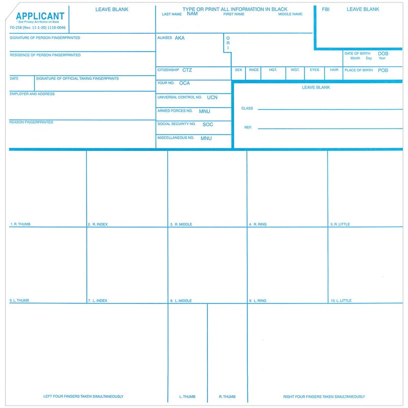 Fingerprint Cards Applicant FD258 5 Cards