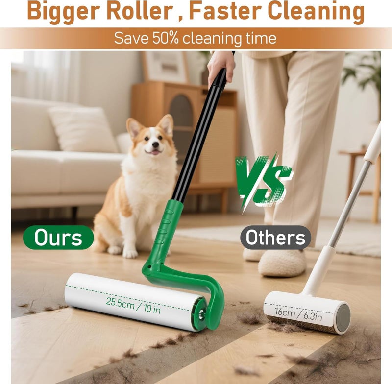 VOUBIEN 10" Large Lint Roller for Pet Hair Extra Sticky, Long Handle Floor Sticky Rollers with Big Lint Roller Refills for Cleaning Carpets, Cars, Furniture,Clothing, and Pet Hair,Green - Image 2