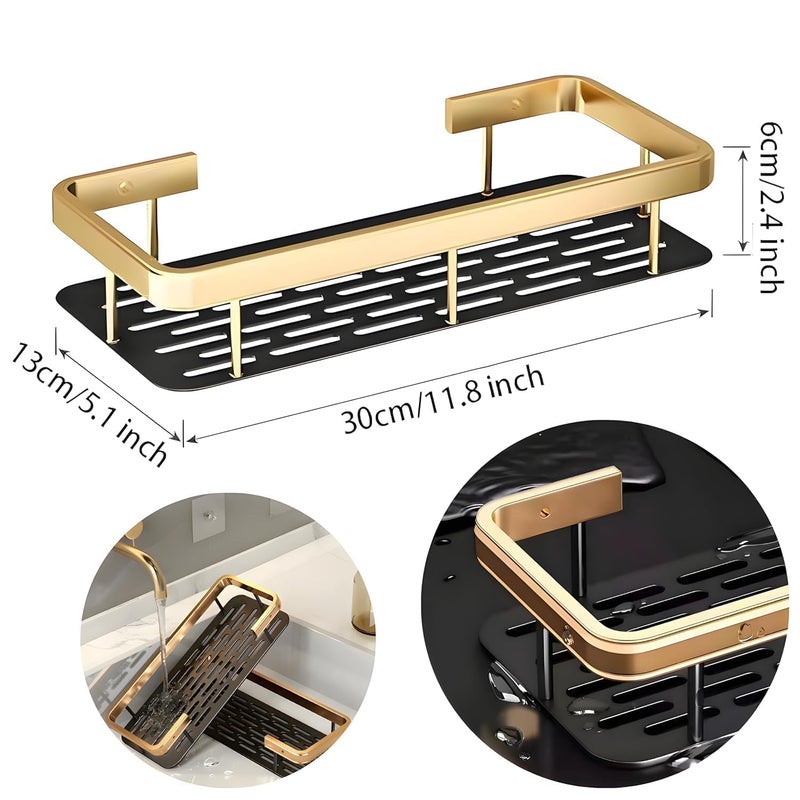 Aluminium Bathroom Shelf for Wall/Self Adhesive Stand for Kitchen with Golden Railing & Magic Stickers/Bathroom Accessories Items (12x5 inches, Gold & Black) - Pack of 2  - Image 2