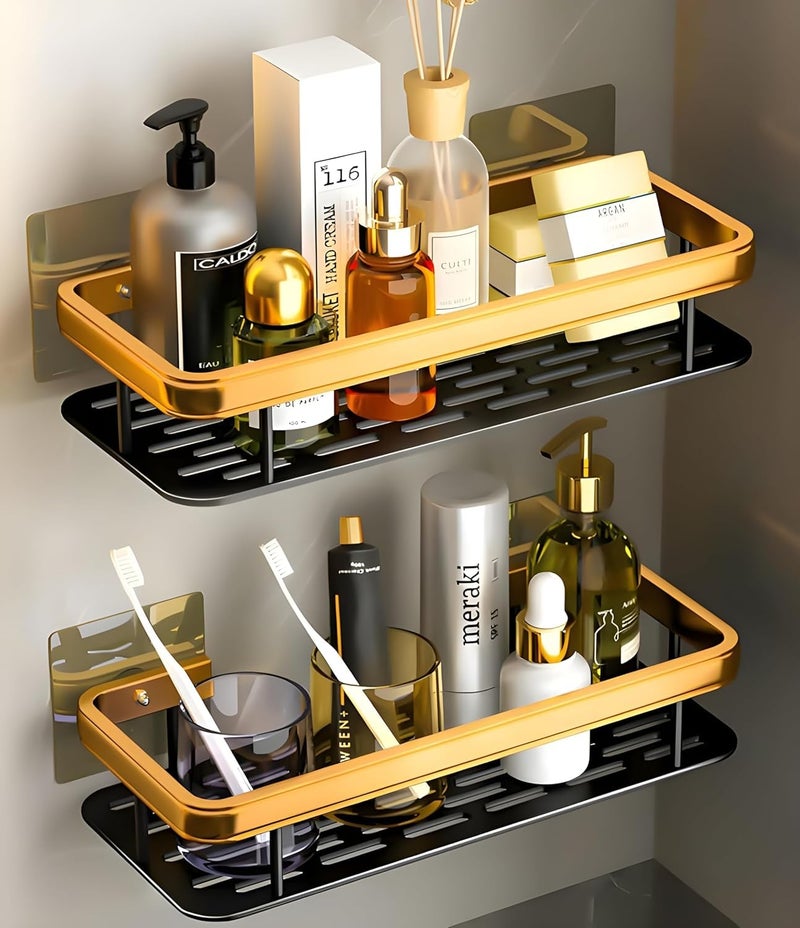 Aluminium Bathroom Shelf for Wall/Self Adhesive Stand for Kitchen with Golden Railing & Magic Stickers/Bathroom Accessories Items (12x5 inches, Gold & Black) - Pack of 2  - Image 1