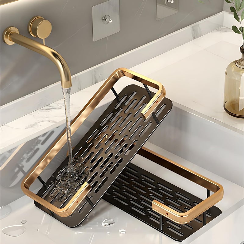 Aluminium Bathroom Shelf for Wall/Self Adhesive Stand for Kitchen with Golden Railing & Magic Stickers/Bathroom Accessories Items (12x5 inches, Gold & Black) - Pack of 2  - Image 4