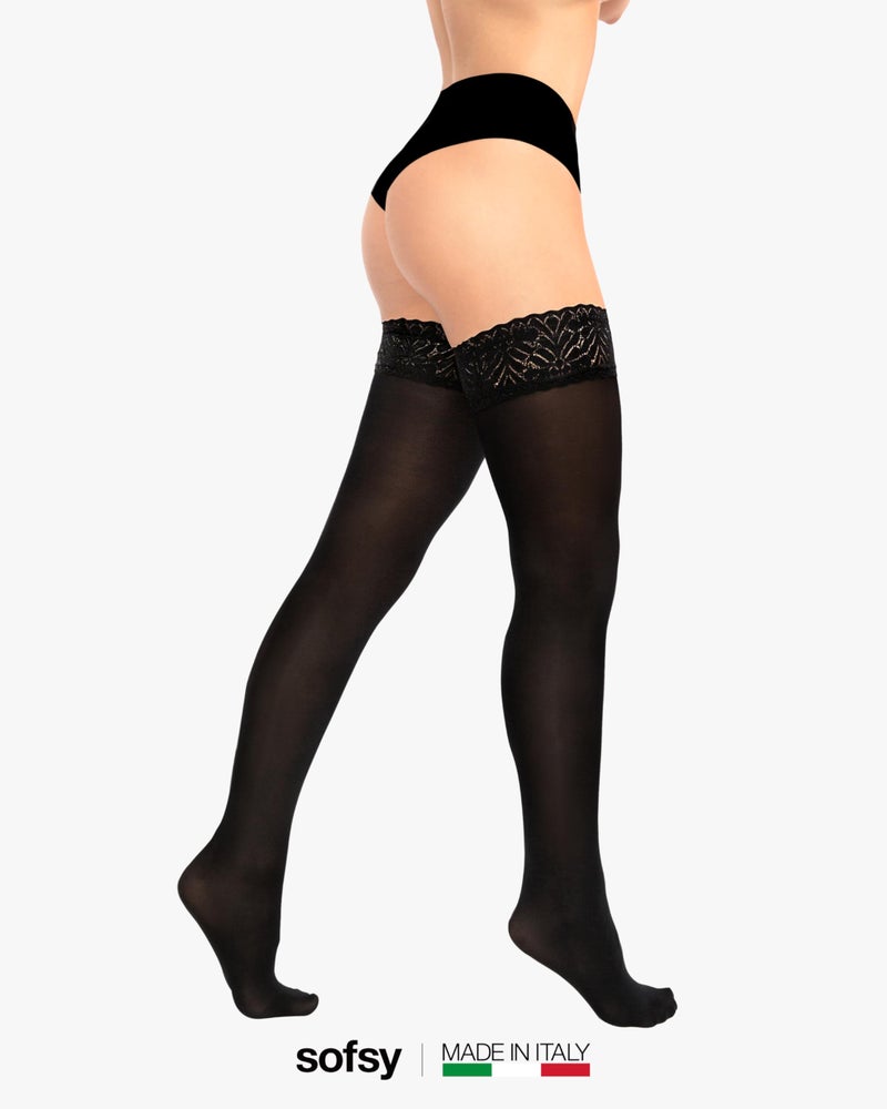 sofsy EternalHoldâ„¢ Italian-Made Stockings for Women Plus Size | Ultra Stretchy Dual Silicone Nylon Lace Thigh Highs | Black - XL - Image 4