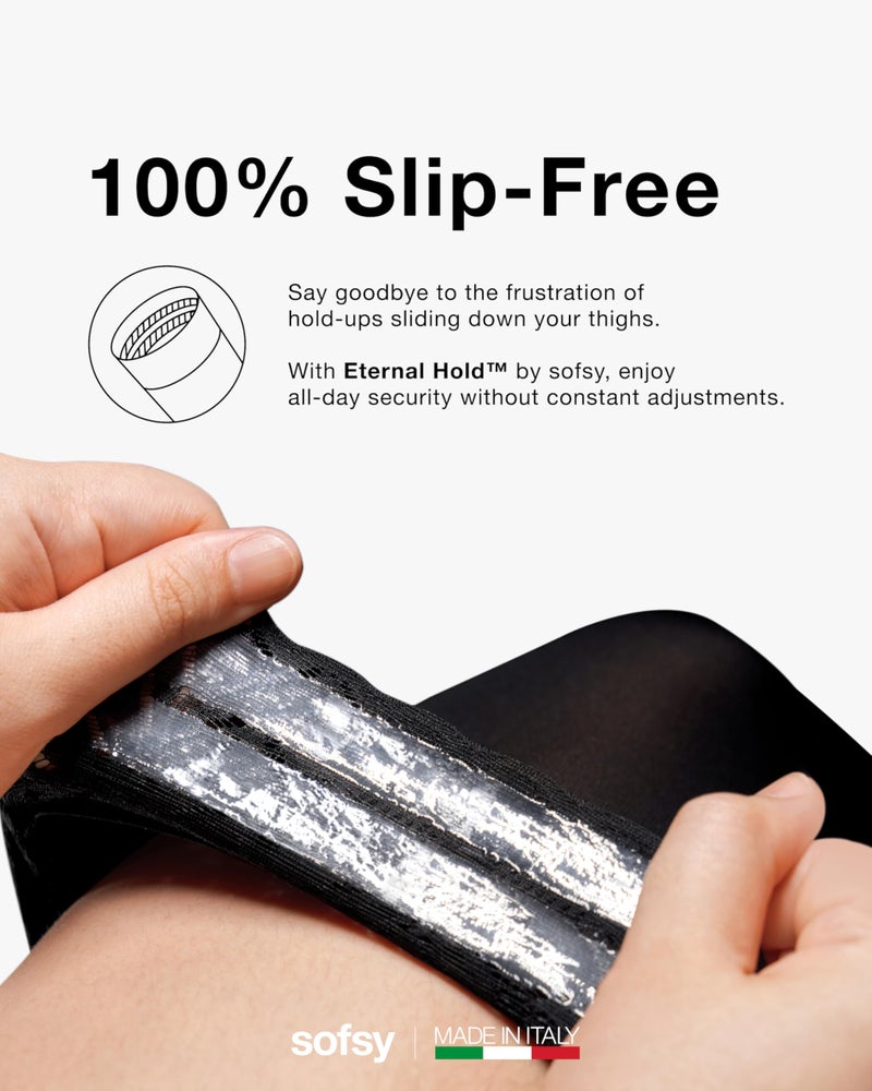 sofsy EternalHoldâ„¢ Italian-Made Stockings for Women Plus Size | Ultra Stretchy Dual Silicone Nylon Lace Thigh Highs | Black - XL - Image 5