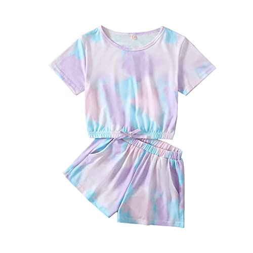 Noubeau Girls Summer Tie-Dye Outfits Elastic Drawstring T-Shirt Crop Top and Elastic Waist Shorts Set with Side Pockets (Blue&Purple,9-10 Years) - Image 1