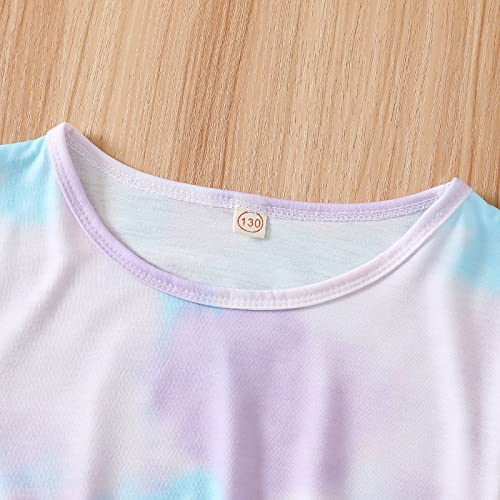 Noubeau Girls Summer Tie-Dye Outfits Elastic Drawstring T-Shirt Crop Top and Elastic Waist Shorts Set with Side Pockets (Blue&Purple,9-10 Years) - Image 3