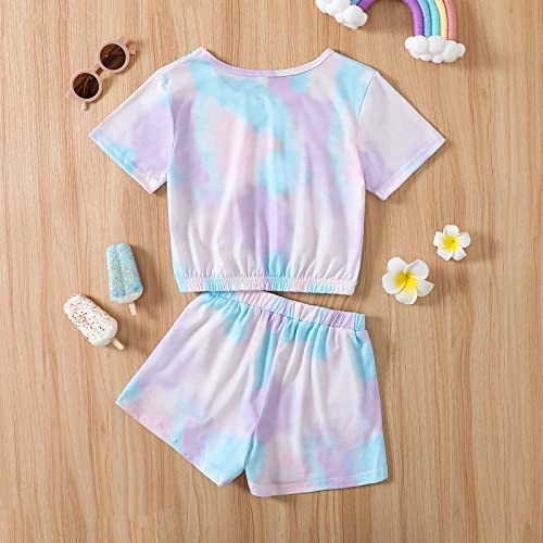 Noubeau Girls Summer Tie-Dye Outfits Elastic Drawstring T-Shirt Crop Top and Elastic Waist Shorts Set with Side Pockets (Blue&Purple,9-10 Years) - Image 2