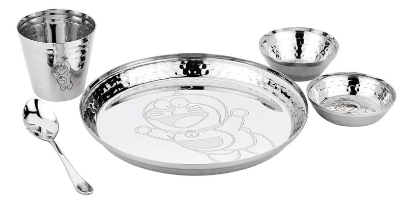 Va Sun Laser Print Stainless Steel Dinner Set for Kids Bowl Halwa Plate Glass Spoon Plate 8 inch Laser Print Hammered Set - Image 2