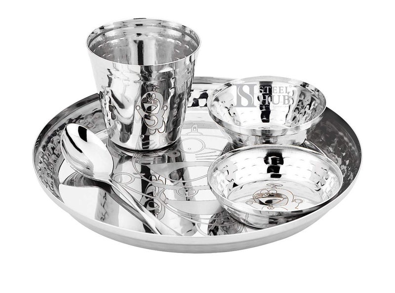Va Sun Laser Print Stainless Steel Dinner Set for Kids Bowl Halwa Plate Glass Spoon Plate 8 inch Laser Print Hammered Set - Image 1