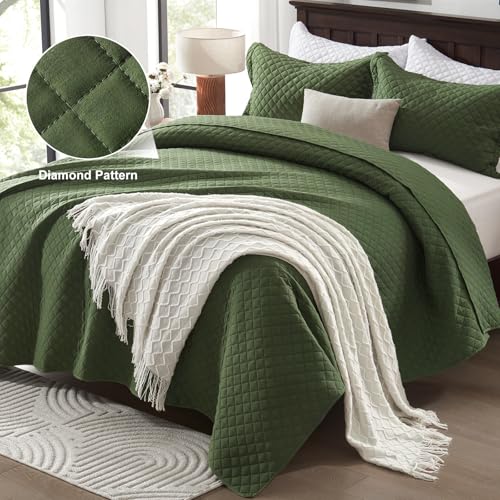 SunStyle Home Quilts Queen Size Olive Green, Lightweight Comforter Bedspreads, Full Queen Size Quilt Bedding Set, Durable Quilted Stitching Coverlet with 2 Pillow Shams Diamond All Seasons 3pcs - Image 2