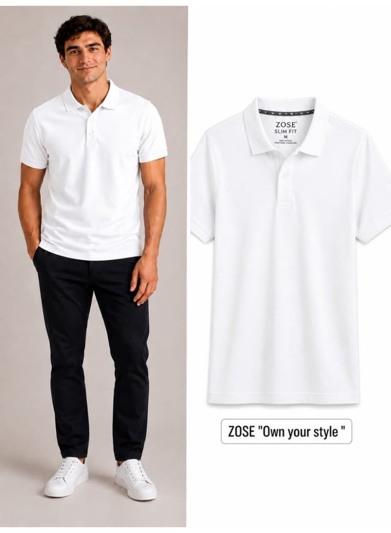 ZOSE Men's Slim Fit Polo T-Shirt, White - Image 1