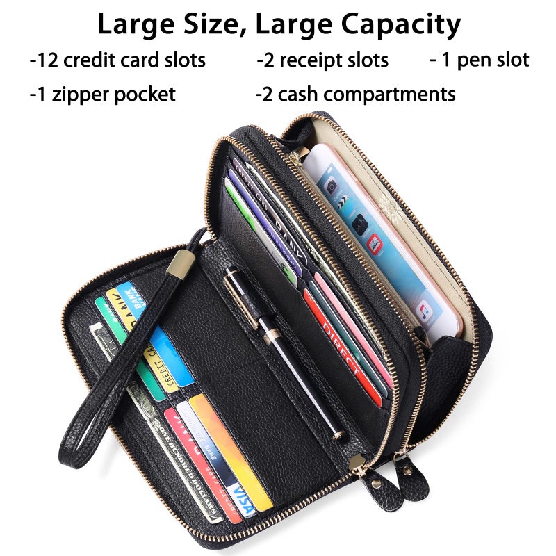 SENDEFN Leather Women Wallet RFID Blocking Zipper Around Phone Holder Clutch Wristlet Large Capacity - Image 2